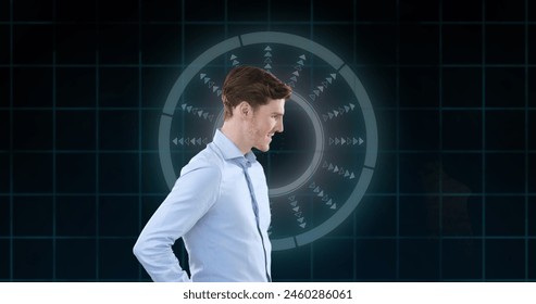 Image of scope scanning and data processing with 6g text over caucasian businessman. Global business, finance and data processing concept digitally generated image.