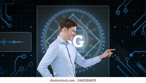 Image of scope scanning and data processing with 6g text over caucasian businessman. Global business, finance and data processing concept digitally generated image.