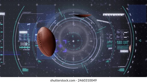 Image of scope scanning and data processing over rugby balls. Global sports, competition and data processing concept digitally generated image. - Powered by Shutterstock