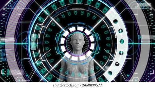 Image of scope scanning and data processing over human body. Global science, research, digital interface and data processing concept digitally generated image.