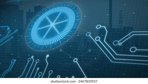 Image of scope scanning and data processing over circuit board. Global computing, digital interface and data processing concept digitally generated image.