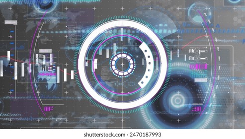 Image of scope scanning and data processing on scope scanning on scope scanning formulas on scope background. Building design architecture time and technology concept digitally generated image.