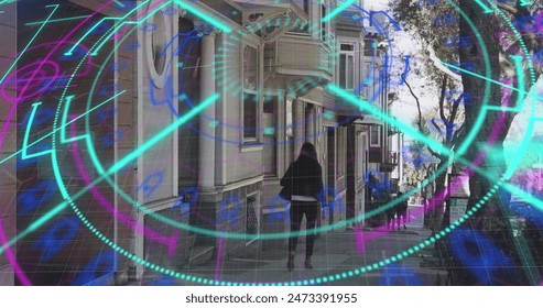 Image of scope scanning and data processing over diverse people walking on street. Global business, data processing and digital interface concept digitally generated image.