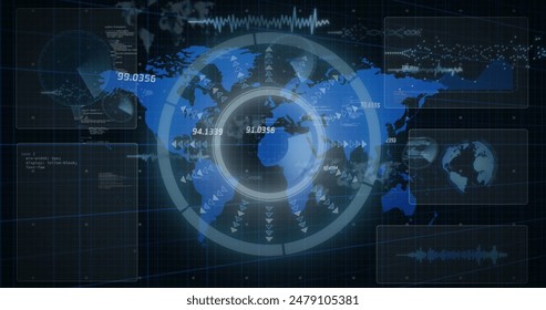 Image of scope scanning and data processing and world map on black background. Global technology, computing and digital interface concept digitally generated image.