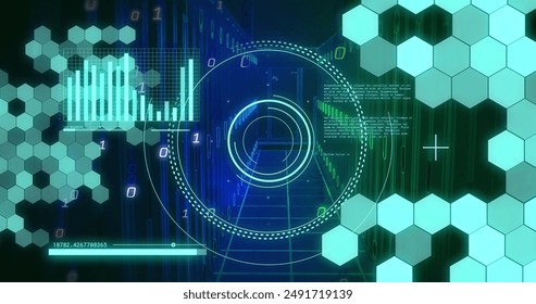 Image of scope scanning and data processing by computer servers. Global computing, digital interface and data processing concept digitally generated image.