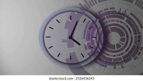 Image of scope scanning and data processing over clock ticking. Global connections, computing and data processing concept digitally generated image.