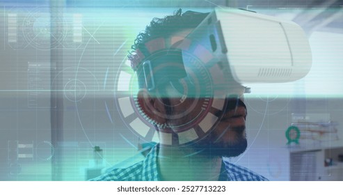 Image of scope scanning and data processing over man wearing vr headset. data processing, connections and technology concept digitally generated image.