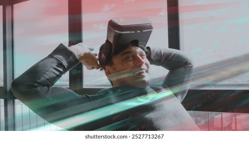 Image of scope scanning and data processing over man wearing vr headset. data processing, connections and technology concept digitally generated image.