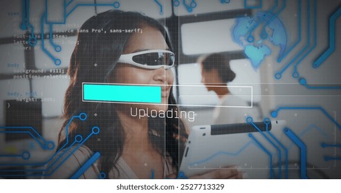 Image of scope scanning and data processing over woman wearing vr headset. data processing, connections and technology concept digitally generated image. - Powered by Shutterstock