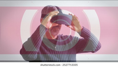 Image of scope scanning and data processing over man wearing vr headset. data processing, connections and technology concept digitally generated image.