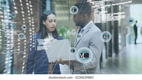 Image of scope scanning and data processing over globe and network of digital icons. Global connections technology data processing and digital interface concept digitally generated image.