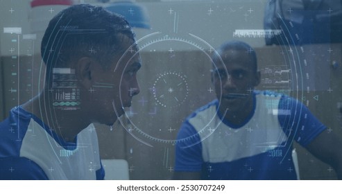 Image of scope scanning and data processing over diverse male football players in changing room. Global sports, competition and data processing concept digitally generated image. - Powered by Shutterstock