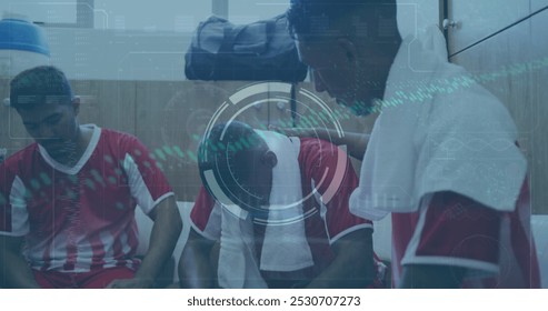 Image of scope scanning and data processing over diverse male football players in changing room. Global sports, competition and data processing concept digitally generated image. - Powered by Shutterstock