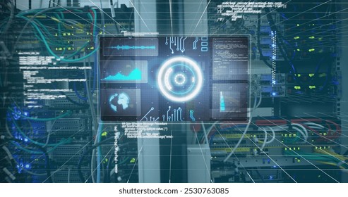 Image of scope scanning and data processing over computer server. digital interface, global technology, connection and communication concept digitally generated image.