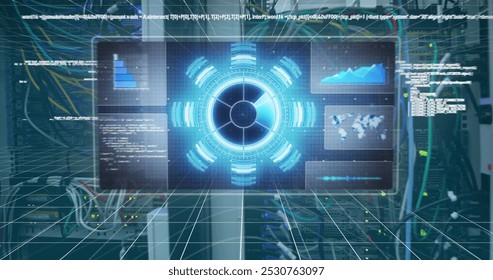 Image of scope scanning and data processing over computer server. digital interface, global technology, connection and communication concept digitally generated image.