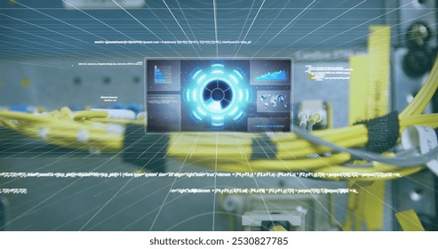 Image of scope scanning and data processing over cables of computer server. global connections, data processing and computing concept digitally generated image.