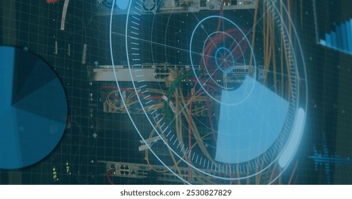 Image of scope scanning and data processing over cables of computer server. global connections, data processing and computing concept digitally generated image.