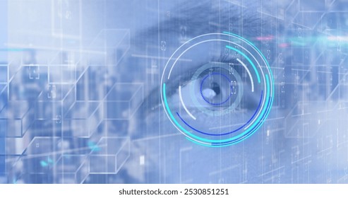 Image of scope scanning and data processing over woman eye on blue background. digital interface, identity and technology concept digitally generated image.