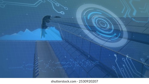 Image of scope scanning and data processing with processor elements over modern skyscraper. global connections, technology and digital interface concept digitally generated image. - Powered by Shutterstock - Get 15% off with code: PIKWIZARD15