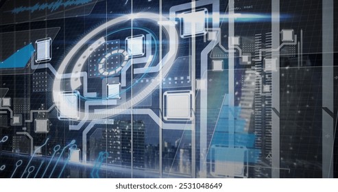 Image of scope scanning and data processing. global technology, data processing and digital interface concept digitally generated image.
