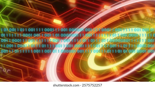 Image of scope scanning with data processing over computer circuit board on black background. Global technology, computing and digital interface concept digitally generated image.
