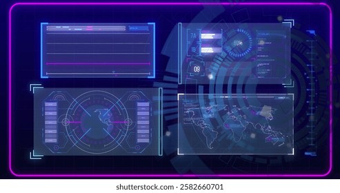 Image of scope scanning with data processing on blue background. Global technology, computing and digital interface concept digitally generated image.