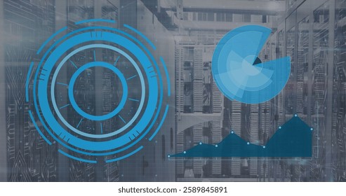 Image of scope scanning and data processing over computer servers. Global finance, business, connections, computing and data processing concept digitally generated image.