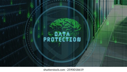 Image of scope scanning and data processing over digital brain and server room. Technology and digital interface concept digitally generated image.
