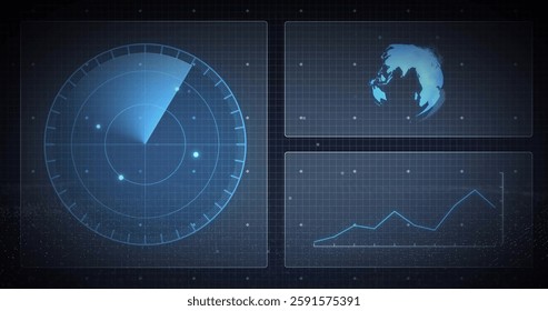 Image of scope scanning and data processing over screens. Global finance, business, connections, computing and data processing concept digitally generated image.