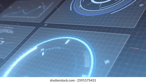 Image of scope scanning and data processing over screens. Global finance, business, connections, computing and data processing concept digitally generated image.