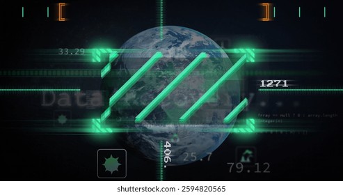 Image of scope scanning and data processing over globe. Global technology and digital interface concept digitally generated image.