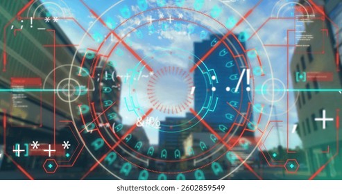 Image of scope scanning and data processing with cityscape in the background. Digital interface global connection and communication concept digitally generated image. - Powered by Shutterstock - Get 15% off with code: PIKWIZARD15