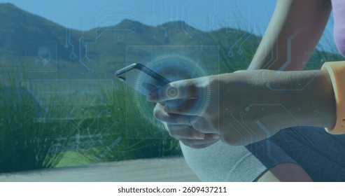Image of scope scanning and data processing over woman using smartphone. digital interface, global technology, connection and communication concept digitally generated image. - Powered by Shutterstock - Get 15% off with code: PIKWIZARD15