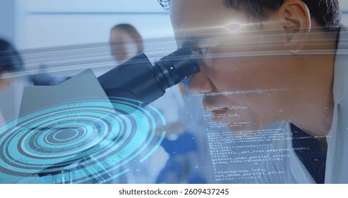 Image of scope scanning and data processing over scientist using microscope in laboratory. digital interface, global technology, connection and science concept digitally generated image.