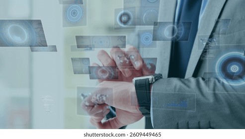 Image of scope scanning and data processing on screens over businessman checking smartphone. global connections, technology and digital interface concept digitally generated image.