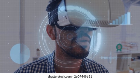 Image of scope scanning and data processing on screen over man wearing vr headset. global data processing, communication and global technology concept digitally generated image.