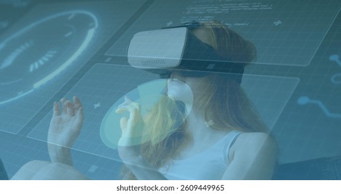 Image of scope scanning and data processing on screens over woman wearing vr headset. global data processing, communication and global technology concept digitally generated image.
