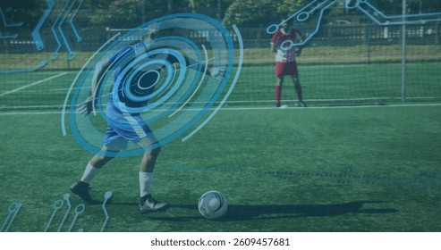 Image of scope scanning and data processing over football player kicking ball. technology, digital interface, sports and competition concept digitally generated image.