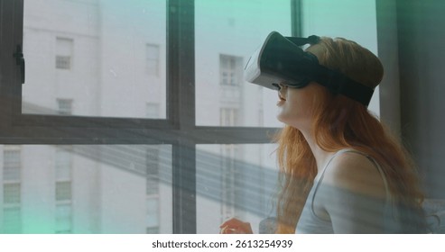 Image of scope scanning and data processing over woman wearing vr headset. data processing, connections and technology concept digitally generated image. - Powered by Shutterstock - Get 15% off with code: PIKWIZARD15