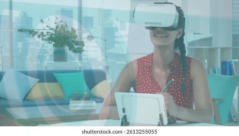 Image of scope scanning and data processing over woman wearing vr headset. data processing, connections and technology concept digitally generated image. - Powered by Shutterstock - Get 15% off with code: PIKWIZARD15
