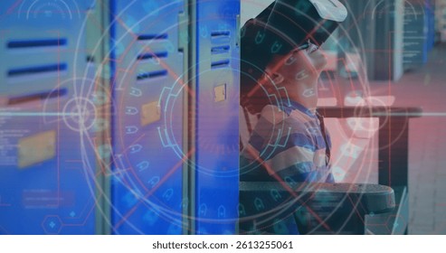 Image of scope scanning and data processing over boy wearing vr headset. data processing, connections and technology concept digitally generated image. - Powered by Shutterstock - Get 15% off with code: PIKWIZARD15