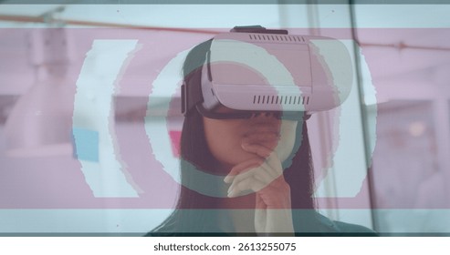 Image of scope scanning and data processing over woman wearing vr headset. data processing, connections and technology concept digitally generated image.