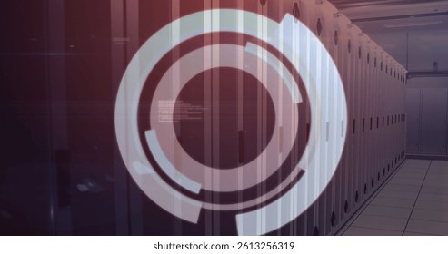 Image of scope scanning and data processing over computer servers. global data processing, connections and digital interface concept digitally generated image.