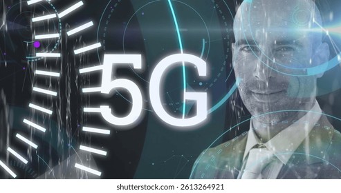 Image of scope scanning and data processing over smiling businessman. global business, technology, data processing and digital interface concept digitally generated image.
