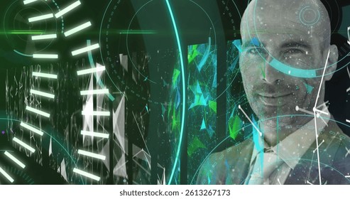 Image of scope scanning and data processing over smiling businessman. global business, technology, data processing and digital interface concept digitally generated image.