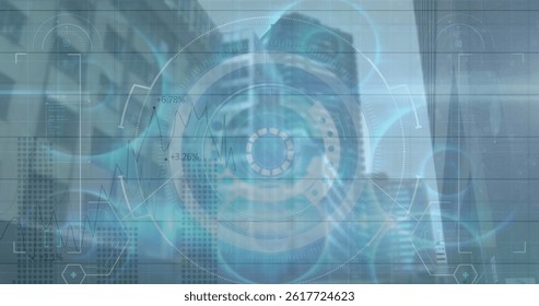 Image of scope scanning and data processing over cityscape. global connections, computing and digital interface concept digitally generated image.