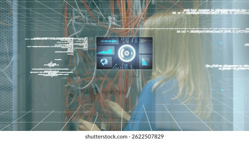 Image of scope scanning and data processing over caucasian it woman computer server. global computing and data processing concept digitally generated image.