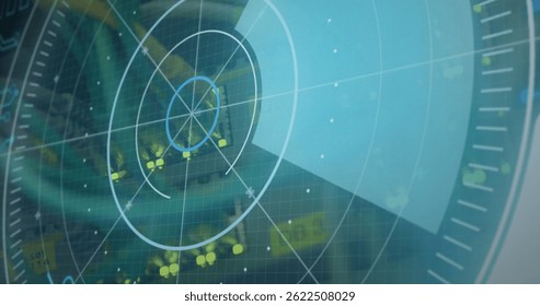 Image of scope scanning and data processing over cables in computer server in background. global computing, connections and data processing concept digitally generated image.
