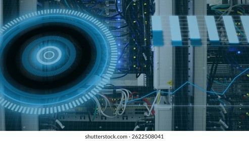 Image of scope scanning and data processing over cables in computer server in background. global computing, connections and data processing concept digitally generated image.