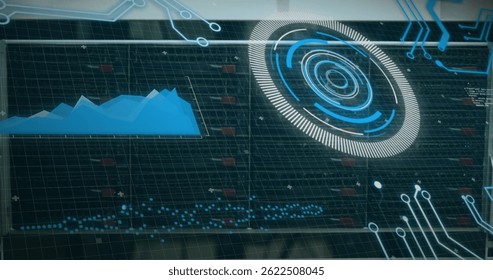 Image of scope scanning and data processing over cables in computer server in background. global computing, connections and data processing concept digitally generated image.